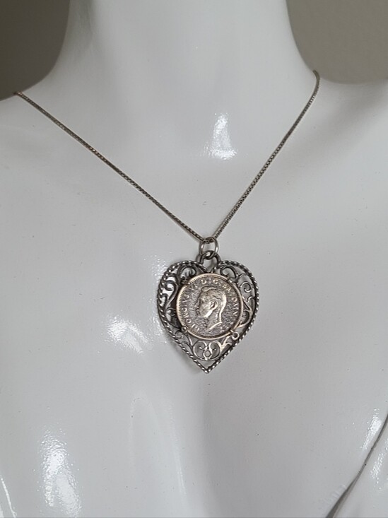 Vintage Jewelry - Vintage King George Coin Ornate Sterling Silver Filigree Heart Pendant Necklace